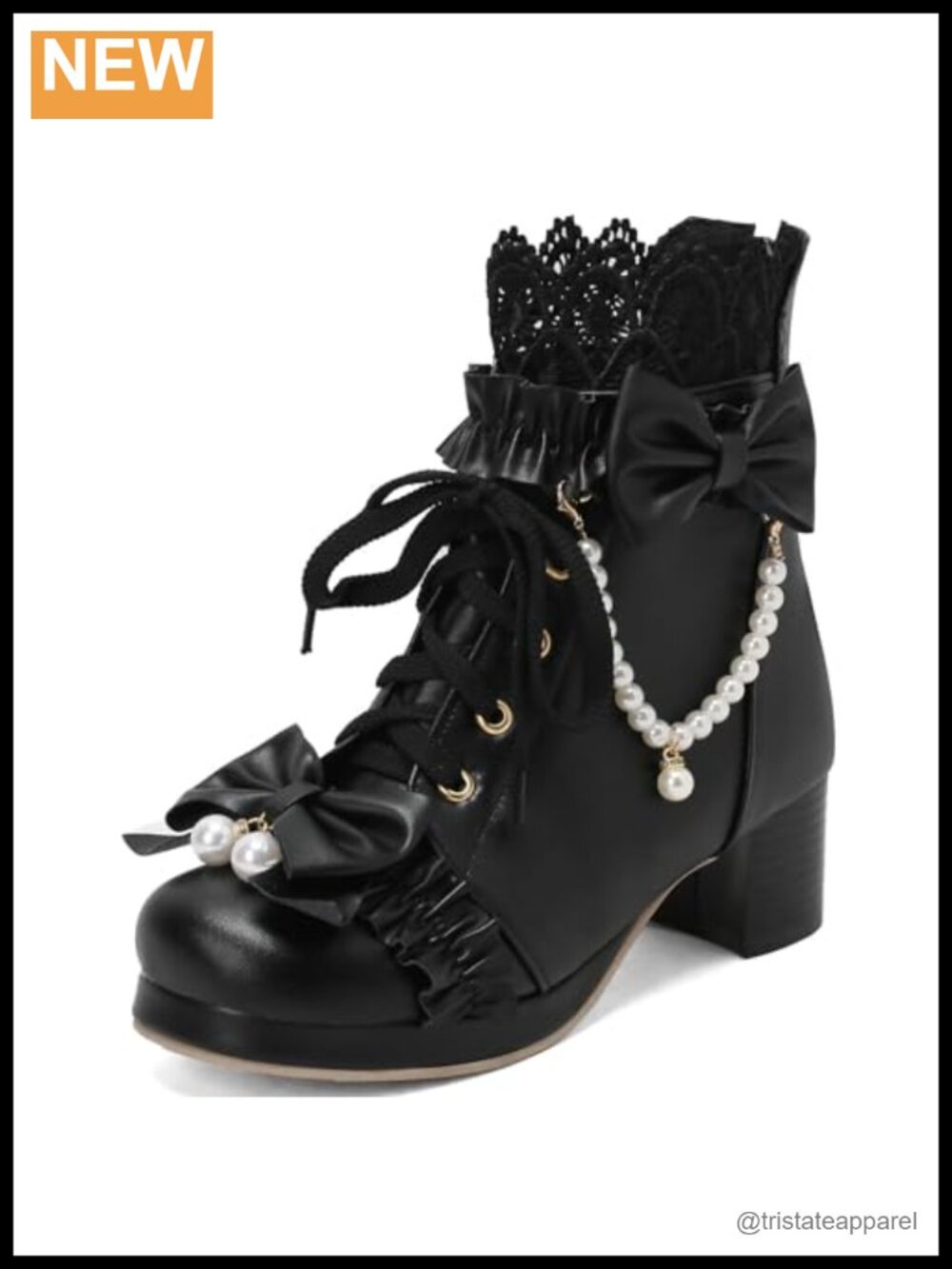Lolita Bow Lace Up Chunky Mid Heel Ankle Boots with Zipper